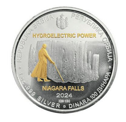 NIKOLA TESLA VODNÍ ELEKTRÁRNA NIAGÁRSKÉ VODOPÁDY Srbský vynálezce coin Hydroelectric Power Niagara Falls - 1 oz stříbrná mince pozlacená